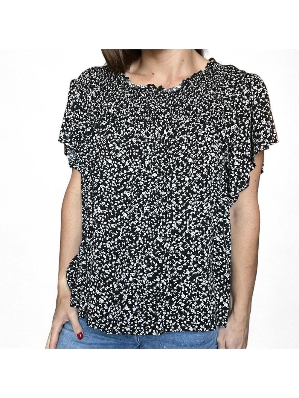 Old Navy Black & White Floral Print Ruffle Sleeve Top Size Large
